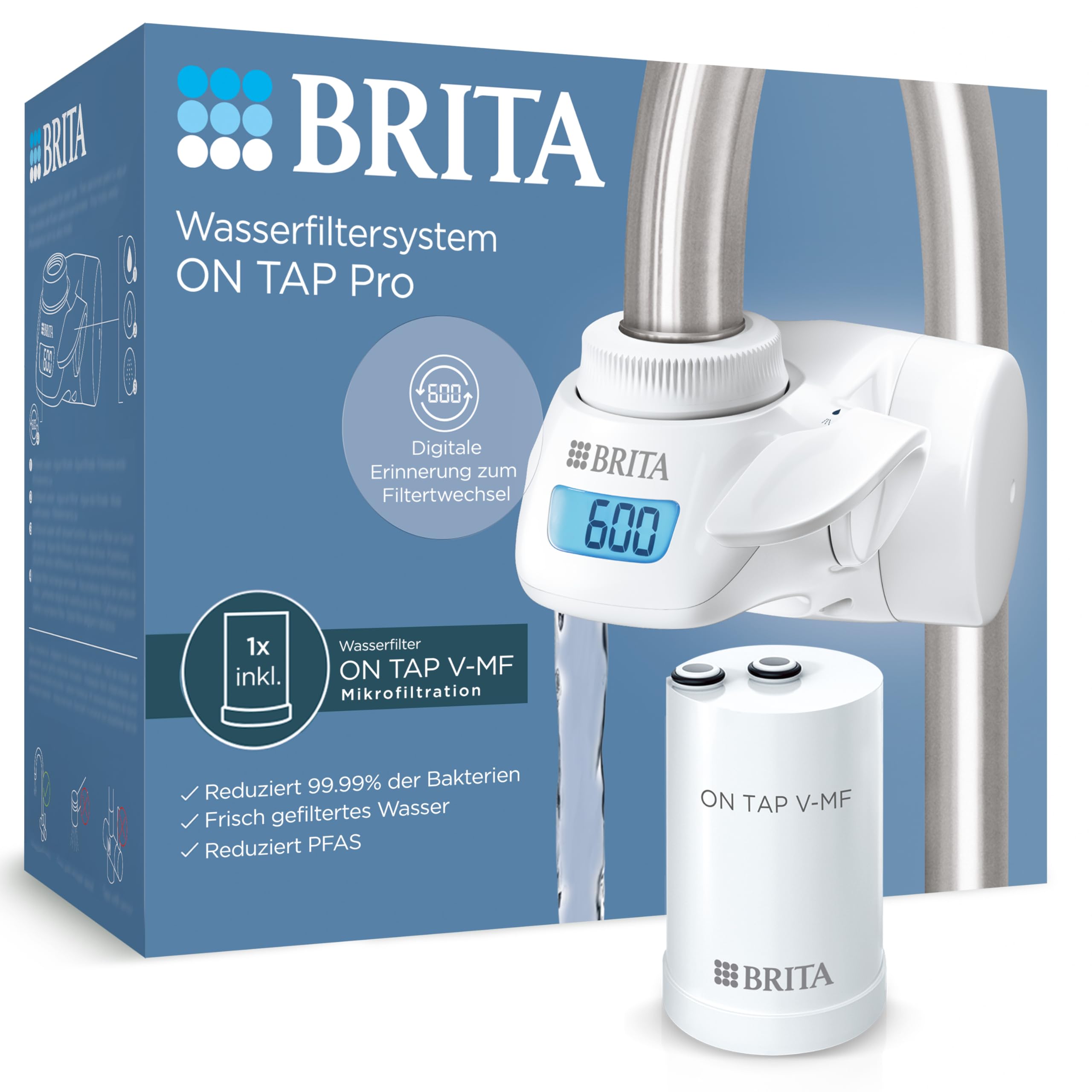 BRITA ON TAP Pro Wasser Filtersystem für den Wasserhahn inkl. 1x V-MF Kartusche (600 l) – 99,99% weniger Bakterien, reduziert PFAS, Mikropartikel, Schwermetalle, mit digitaler Filterwechsel-Erinnerung