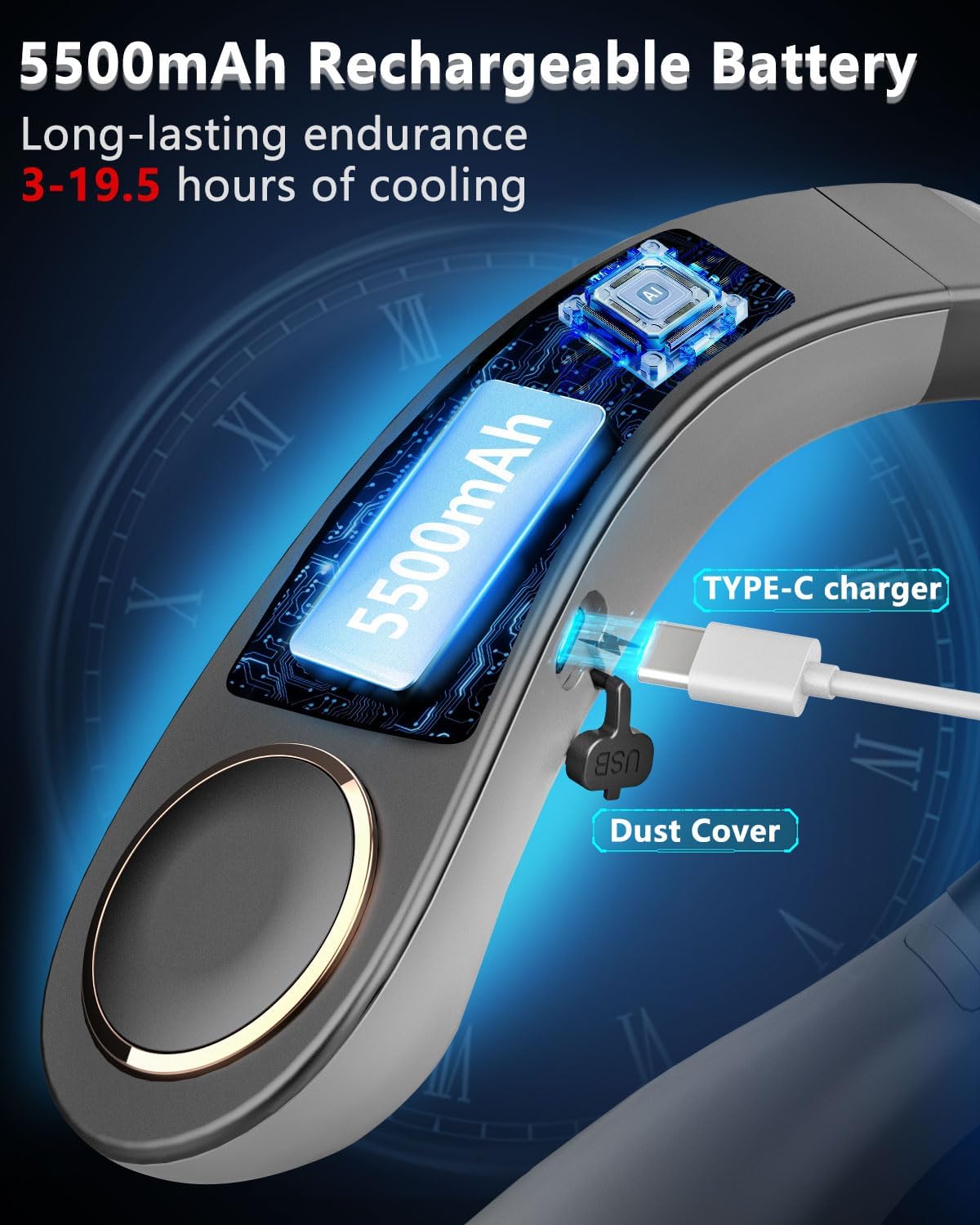 Neck Fan with Cooling Plate,5500mAh Neck Fans that Blow Cold Air Rechargeable Battery Operated,Bladless Personal Air Conditioner Wearable,Portable Wraps Body AC Cooler for Women Men Kids Black