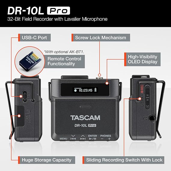 TASCAM DR-10L Pro Field Recorder with Lavalier Microphone and 32-bit Float Recording for Audio for Video Supports 512GB microSDXC and LTC Jam Sync for Seamless Timecode Synchronization
