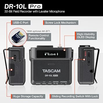 TASCAM DR-10L Pro Field Recorder with Lavalier Microphone and 32-bit Float Recording for Audio for Video Supports 512GB microSDXC and LTC Jam Sync for Seamless Timecode Synchronization