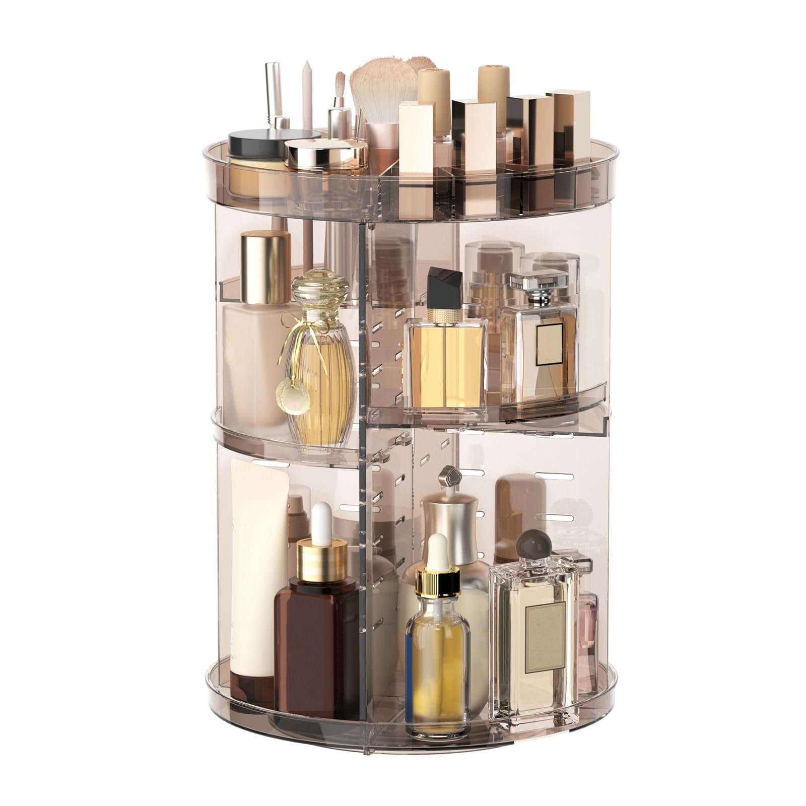 360 Rotating Makeup Organizer, DIY 8 Adjustable Height Spinning Skincare Organizers, Makeup Storage Carousel with Brush Holder Perfume Tray, Cosmetic Display Case for Vanity Bathroom Countertop