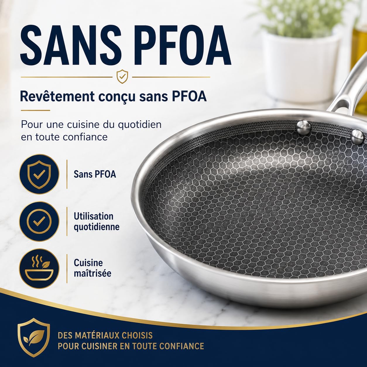 By Napoléon Batterie de Cuisine 9 Pieces Nid d'Abeille et Inox 18/10 Triply, 3 Poêles 20/24/28 cm, Casserole 16 cm, Sauteuse 24 cm, Faitout 22 cm