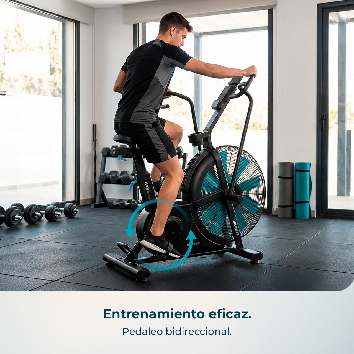 Cecotec Bicicleta de Aire Drumfit WOD Rider Ultimate. Ventilador 679.5mm, Pedaleo Bidireccional, Sistema de Doble Correa, Pantalla LCD HD, Compatible APP Mambo, hasta 150kg y 190cm de Altura