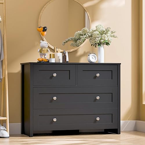 Vista 8 de SunsGrove Cómoda negra de 4 cajones para dormitorio, cómoda moderna de 40 pulgadas de ancho con asas de metal, cómoda de madera para pasillo, sala