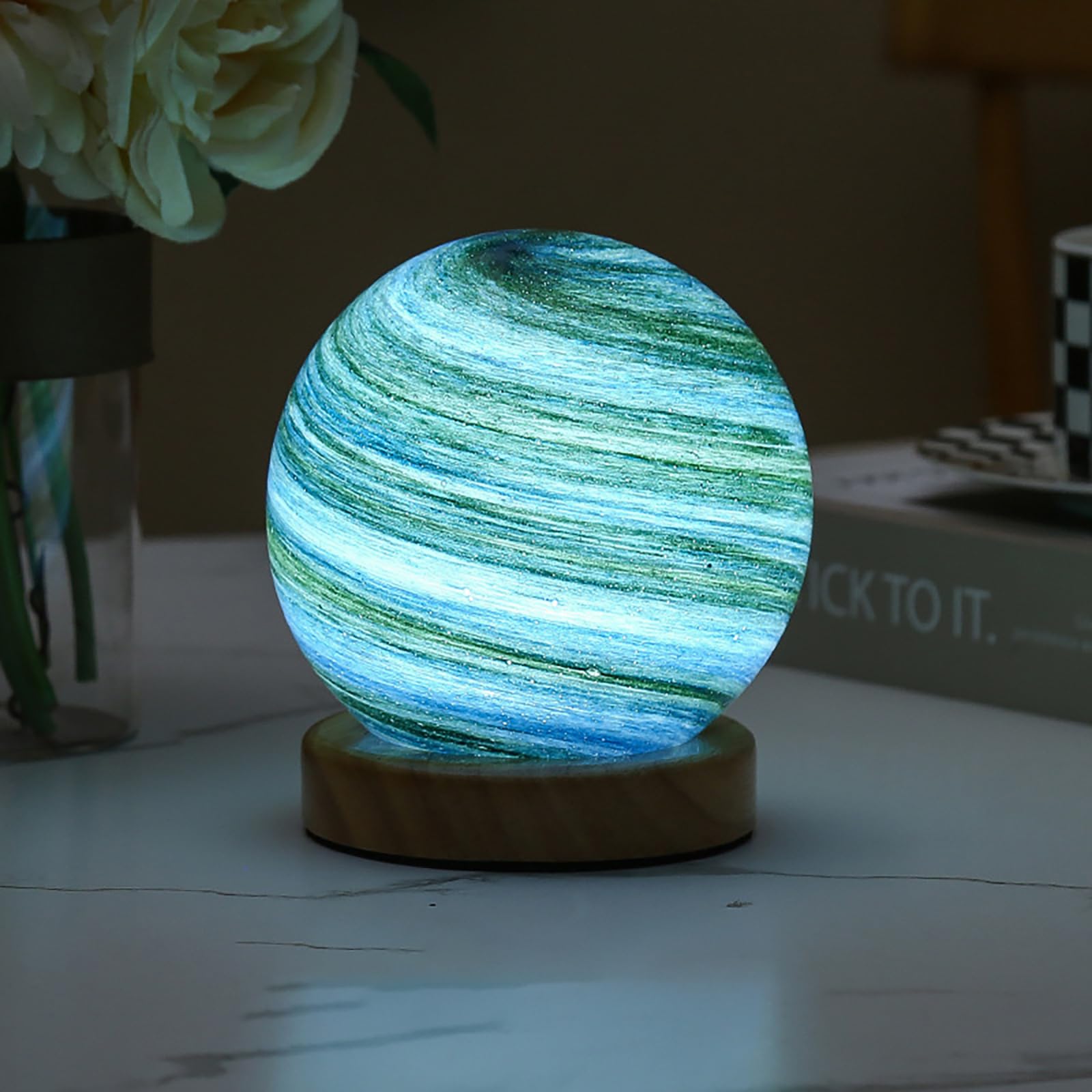 3 Color Changing Planet Night Light with Wood Base 12cm Glass Galaxy Lamp for Bedroom USB Powered Dimmable Nursery Light for Kids & Adults Unique Gift Idea（5V)