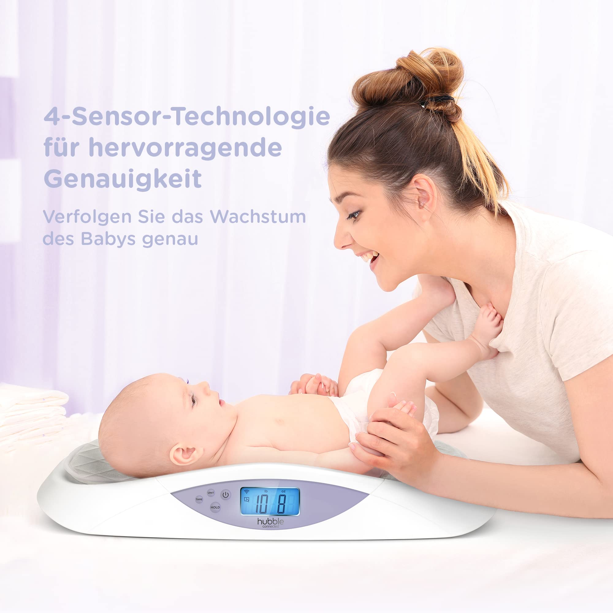 Hubble Connected Grow Báscula inteligente para bebés con Bluetooth con pantalla LCD, seguimiento de peso, cambiador suave, tara y retención y tecnología de 4 sensores para una precisión excelente
