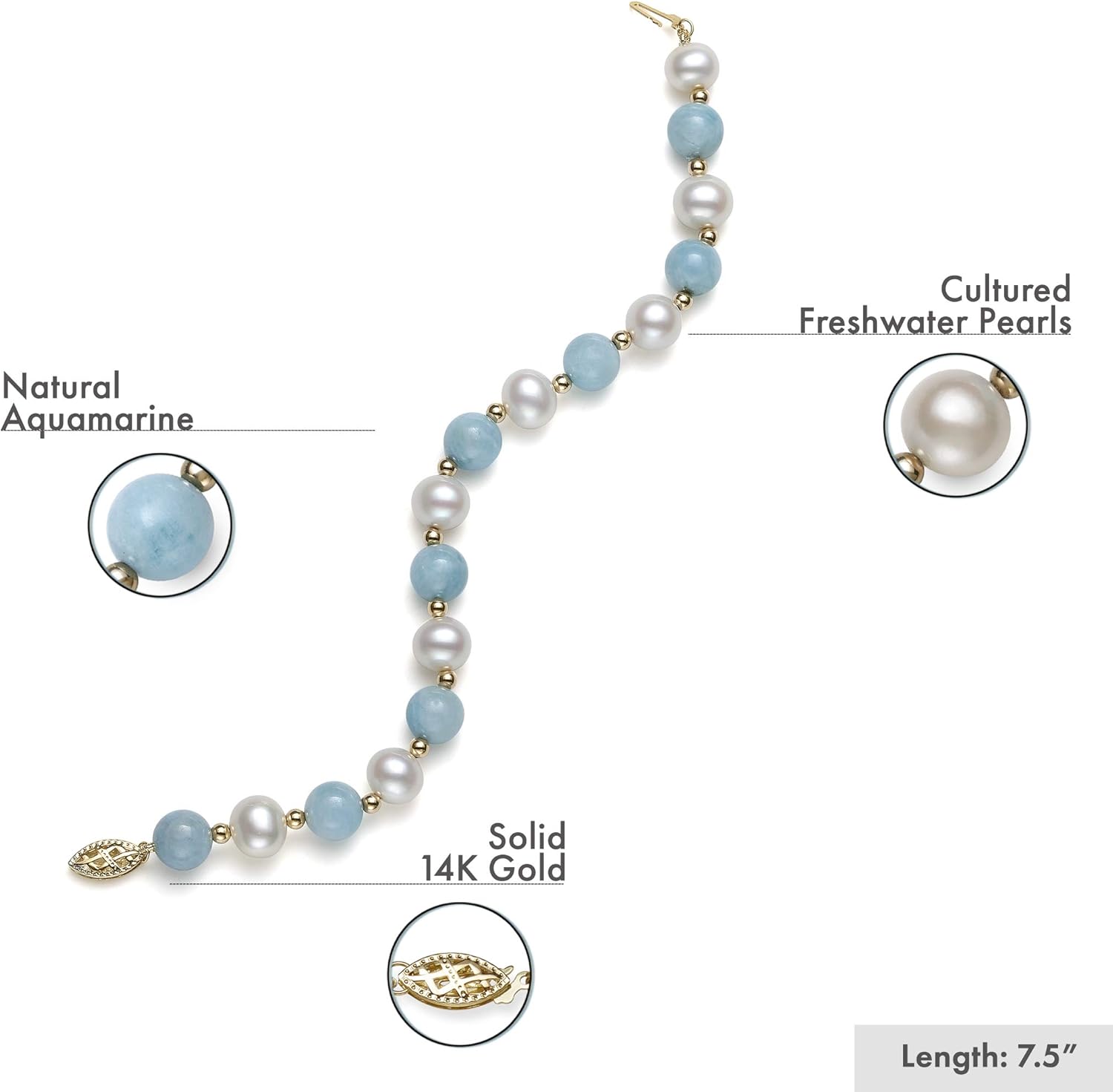 Belacqua Natural Blue Aquamarine and Cultured Freshwater Pearl Bracelet in 14K Yellow Gold Beads, Size - 8.0-8.5mm, Length - 6.5-8.5 Inches, Real Pearl Jewelry for Women, Gift Box Included - Image 3