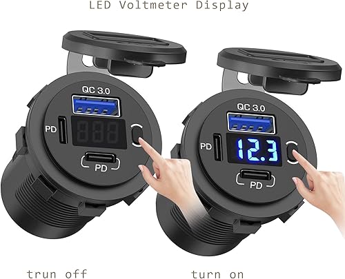 Miniatura 9 de Doble puerto USB de carga rápida 30 y toma de cargador de coche PD USB C salida USB de 12 V con voltímetro e interruptor de alimentación para
