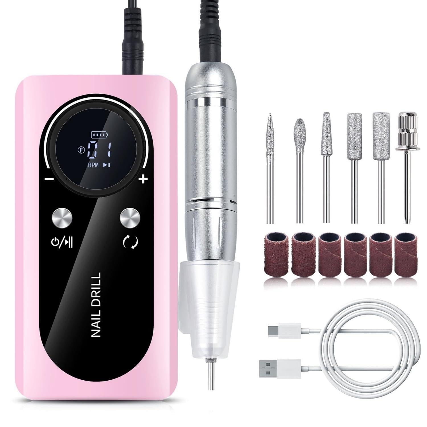 Torno de Uñas Eléctrico Profesional, Recargable 45000RPM Lima Electrica Uñas Sin Cable Portátil con Pantalla LCD para Uñas de Cristal, Uñas de Gel, Manicura y Pedicura-Pink