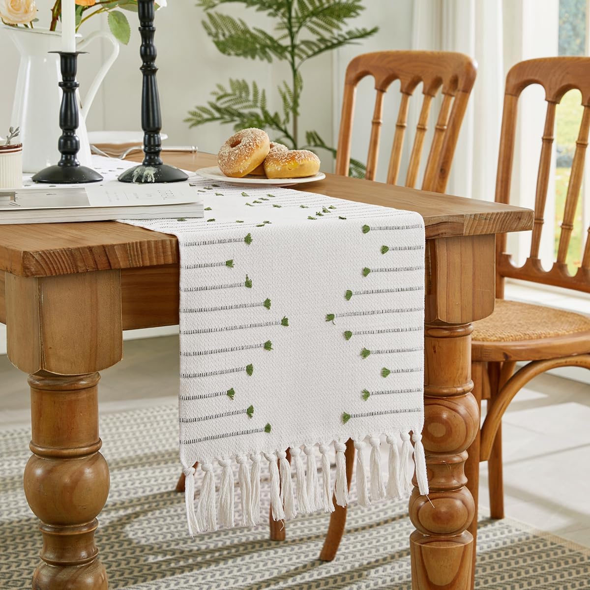 Wracra Boho Table Runner, Natural Cotton Woven Macrame Table Runners 90 Inches Long for Modern Farmhouse Woven Home Decor, 14x90 Inch, Green