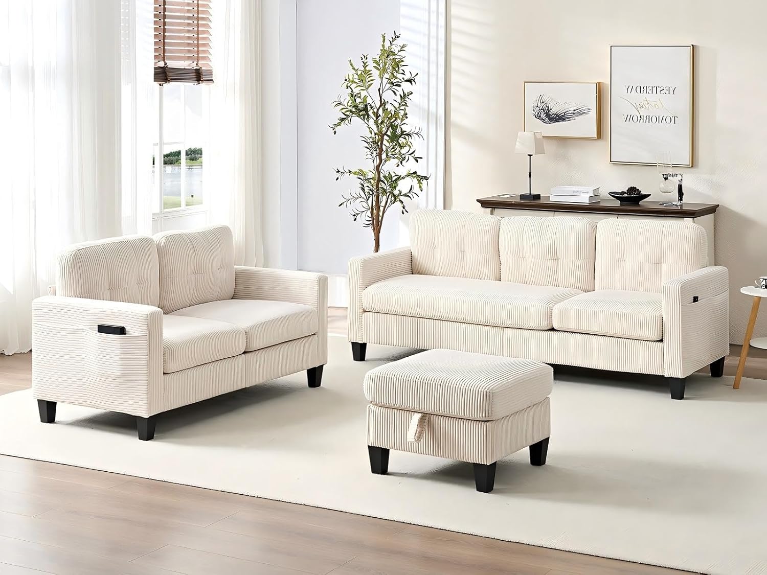 Mjkone 2 Pieces Living Room Furniture Set, Corduroy Sectioanl Sofa Set with Storage Ottoman, L Shaped Sofa with Loveseat, Convertible Couches with Side Pockets for Living Room Apartment Office, White