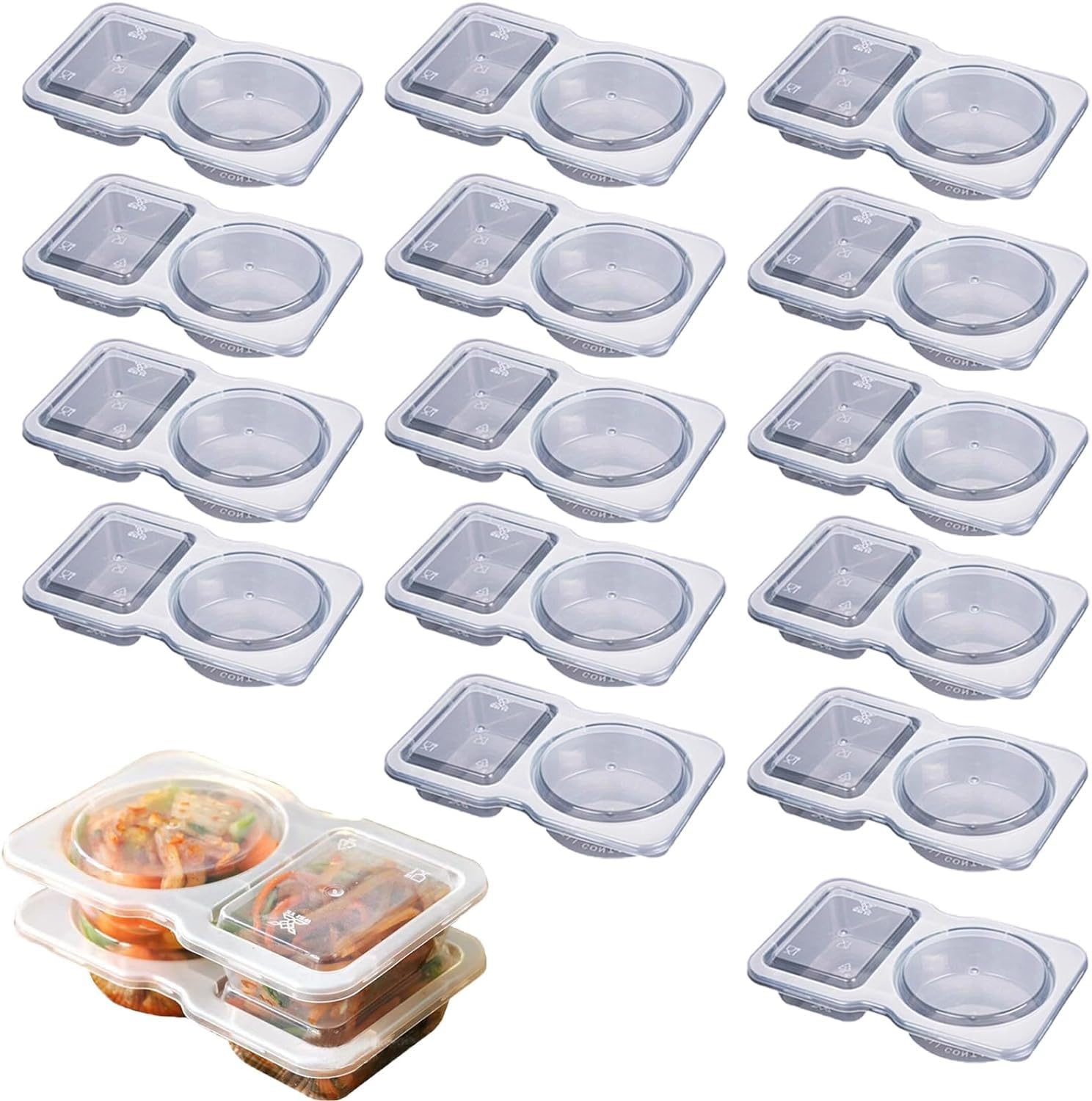 Reusable Snack Pack Container with 2 Compartments and Double Compartment Condiment Storage (15pcs)
