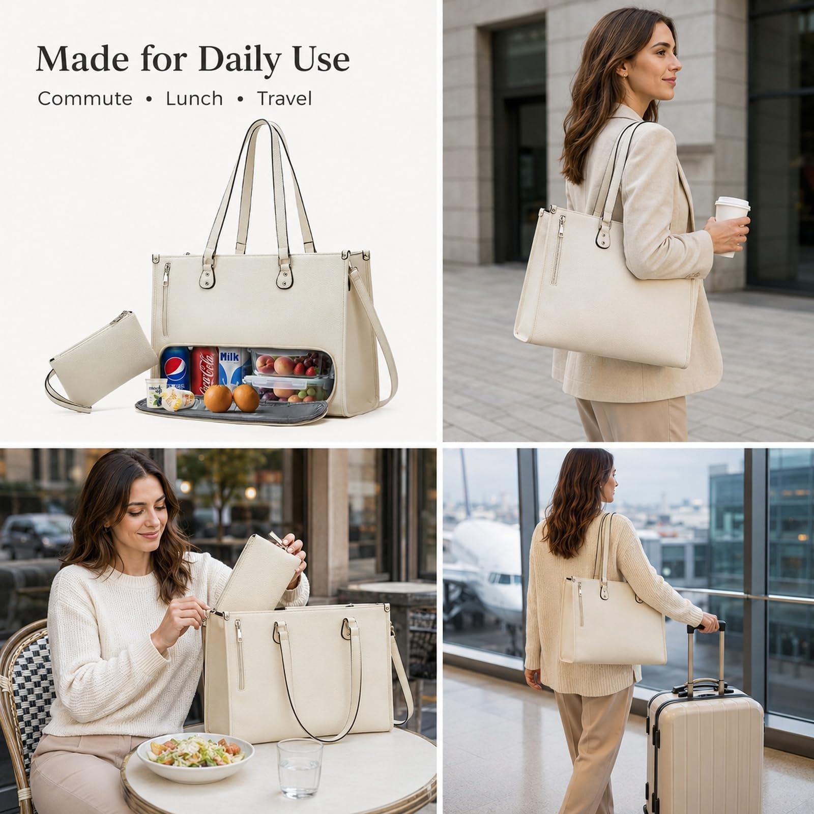 GOOGO Borsa pranzo donna con scomparto termico, borsa laptop elegante idrorepellente con vano lunch separato e molte tasche, per ufficio, campus e pendolarismo (bianco)