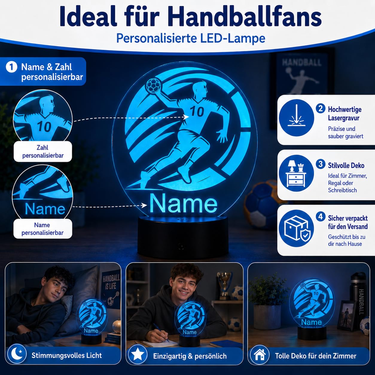 Personalisierte Handball Lampe – LED Nachtlicht mit Name – Geschenkidee für Handball Spieler, Trainer & Fans – dimmbare Tischlampe mit Fernbedienung – originelle Sport Deko fürs Kinderzimmer & Zuhause