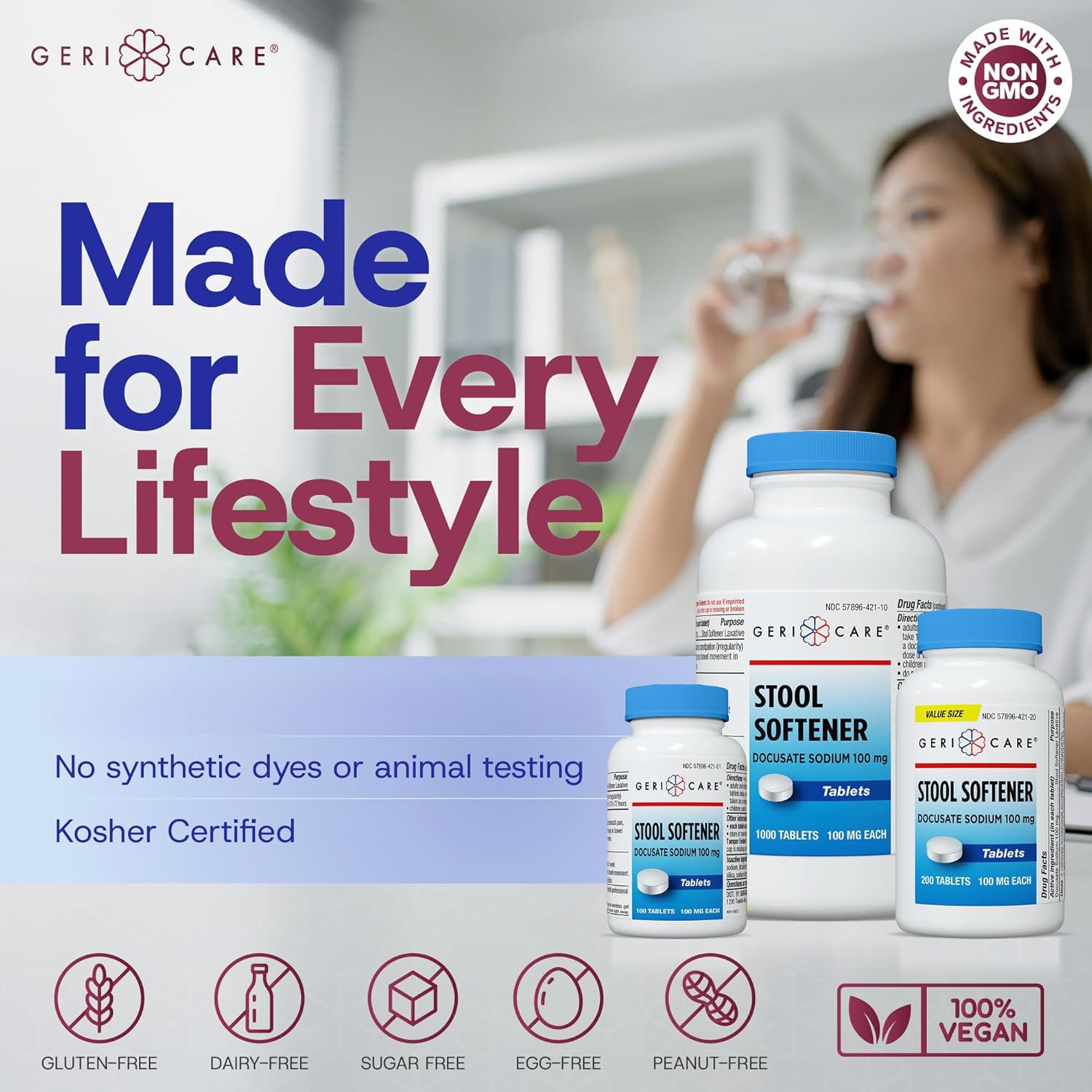 GeriCare Docusate Sodium Stool Softeners | Compared to Colace Regular Strength | Ideal for Constipation Relief,100mg Crushable Tablets. Dye Free (100 Count) Made in The USA. — Amazon image 4