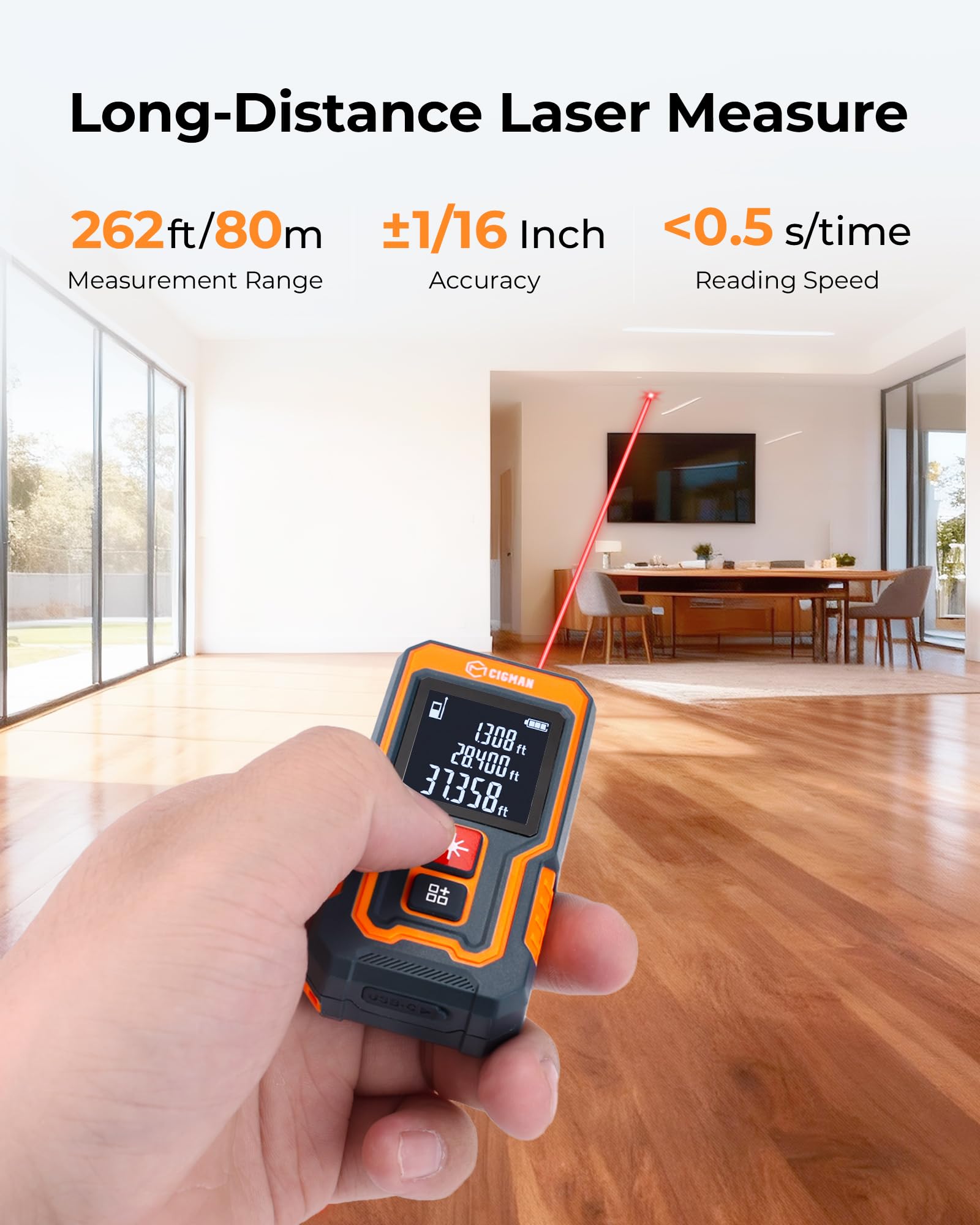 CIGMAN Mini Laser Measuring Tool, 262Ft Laser Tape Measure for Home&DIYers — Amazon image 2