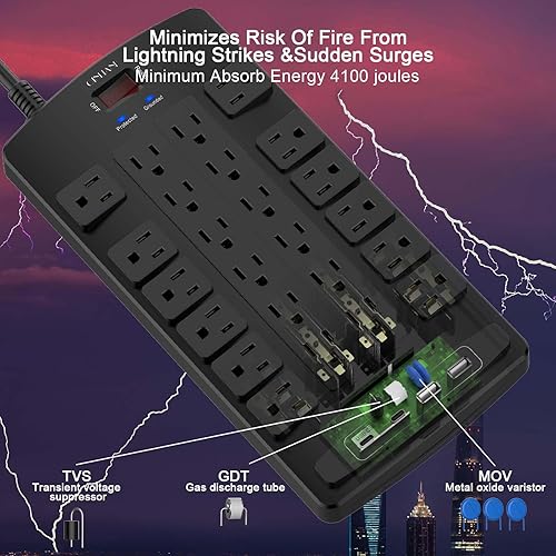 Miniatura 5 de QINLIANF - Regleta protectora de sobretensiones  Cable de extensión resistente de enchufe plano de 15 pies con 24 salidas y 4 puertos USB (1 puerto