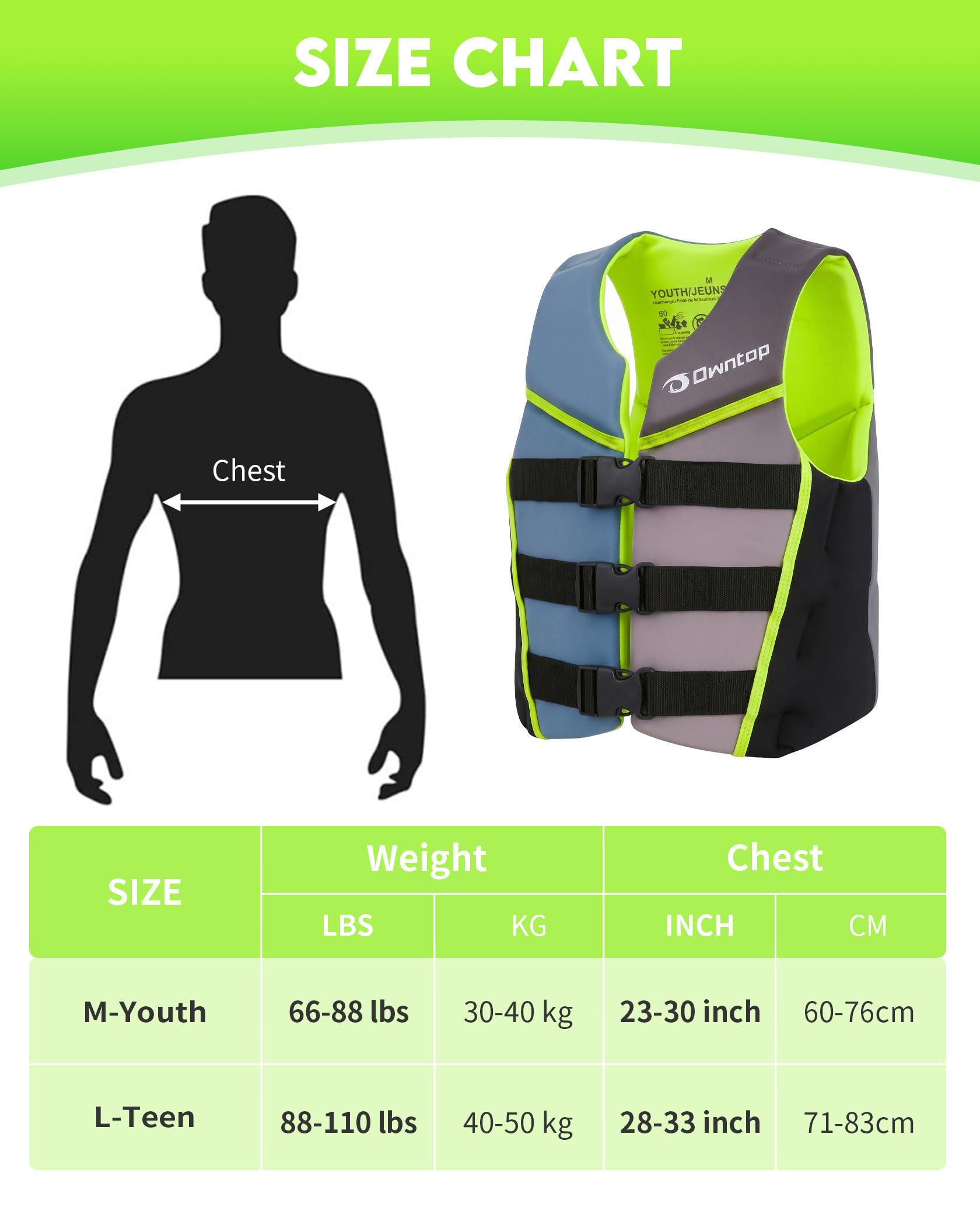 Owntop Aide à la Flottabilité pour Juniors et Enfants, Gilet de Natation en Néoprène avec Triples Sangles de Sécurité Réglables, Gilet de Flottabilité Léger pour Kayak, Paddle, Bateau