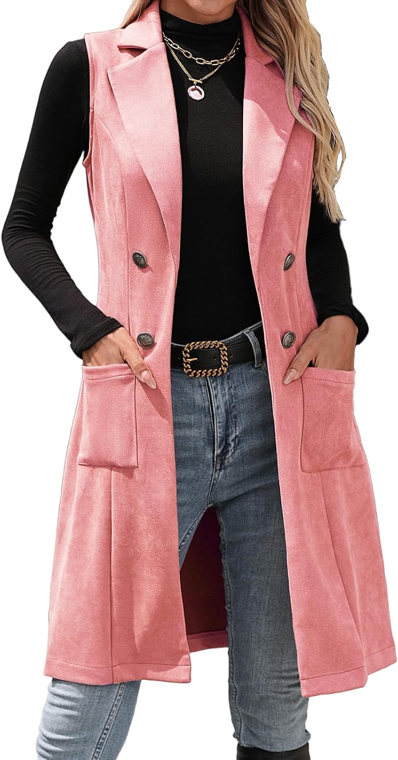 Long Suede Vest Women Sleeveless Blazer Jacket Fall Winter Trench Coat Casual Dressy Leather Suit Vest Cardigan
