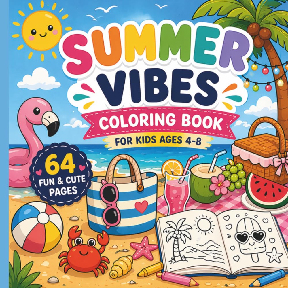 Summer Vibes Coloring Book for Kids Ages 4-8: 64 Cute Beach, Picnic & Vacation Pages | Easy Coloring Book 8.5 x 8.5 Inch