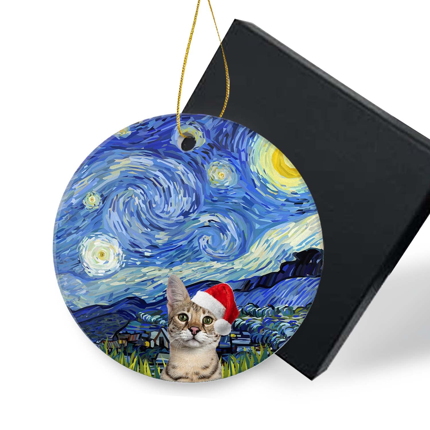 Savannah Cat Christmas Ornaments 2022-Starry Night Cute Santa Hat Cat Holiday Present Xmas Tree Decor Cute Animal Home Decor Ornament Round Ceramic Ornament 3In with Gift Box