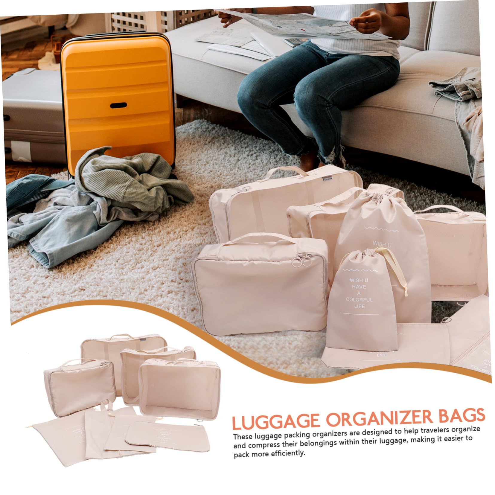 FRCOLOR Cubi da Viaggio per Imballaggio Organizer Valigie Set 8 Pezzi in Poliestere Anticrepa e Antirughe per Viaggi e Casa, Design Classico e Versatile