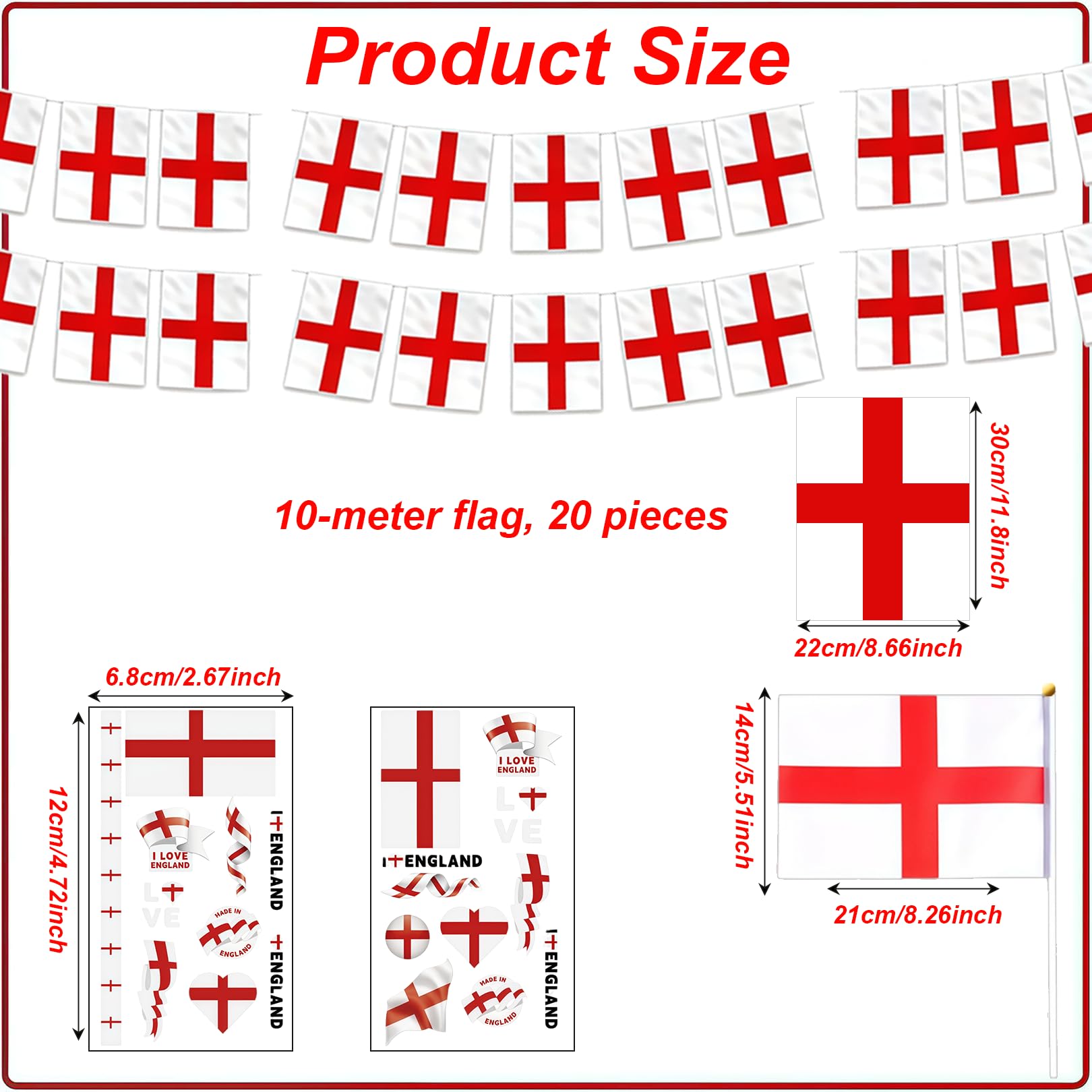 St George Bunting Flags 10m 20pcs Large Square Flags 22x30cm with 6 Hand Waving England Flag and 2 Tattoos St Georges Day Decorations England Flag Bunting for Football Rugby World Cup Outdoor Party - 2