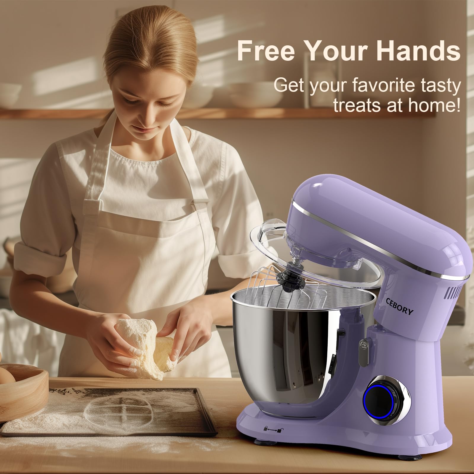 CEBORY 3-IN-1 Electric Stand Mixer, 6.5QT Bowl 660W 10-Speed Kitchen Mixer, Household Food Mixers include Dough Hook, Beater and Whisk, Bread Cake Mixer for Baking and Most Home Cooks, Purple