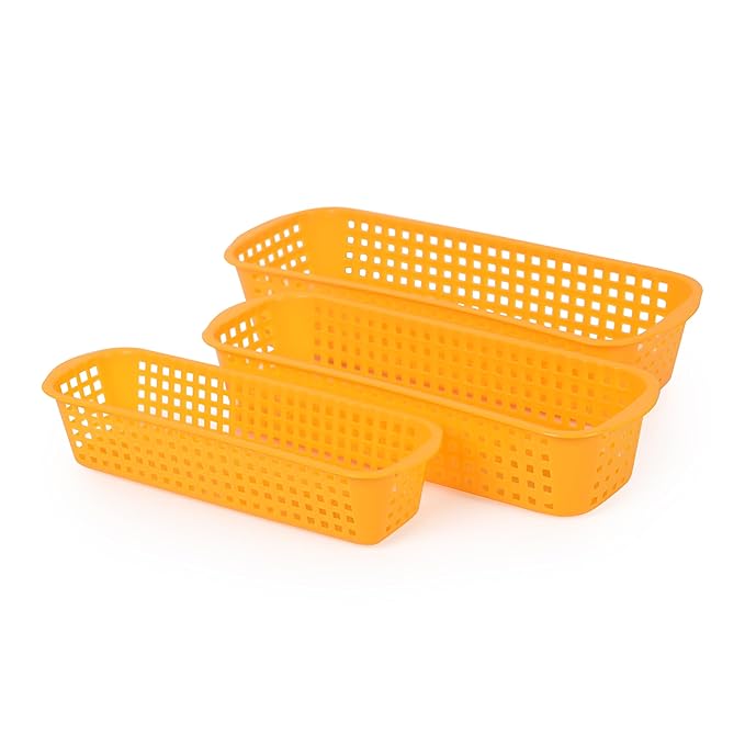 Go Hooked Rectangular Plastic Drawer Organizer (Set of 3) – Multipurpose Storage Basket for Makeup, Stationery, Desk & Home Organization - Durable & Compact (Yellow)