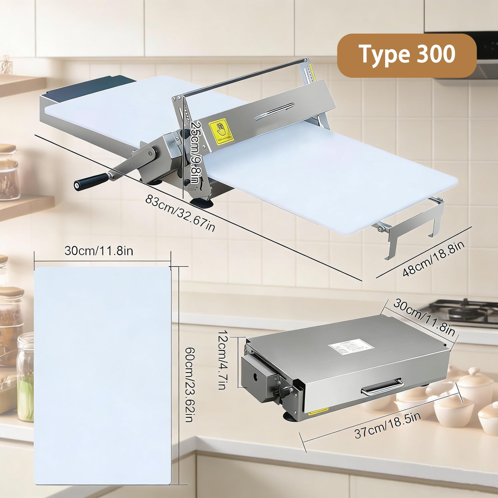 Klappbare Teigausrollmaschine Manueller Teigwalzer mit Einstellbarer Dicke 0-25 mm, Edelstahl, für Pizzateig, Blätterteig, Croissants - für Private und gewerbliche Bäckereien