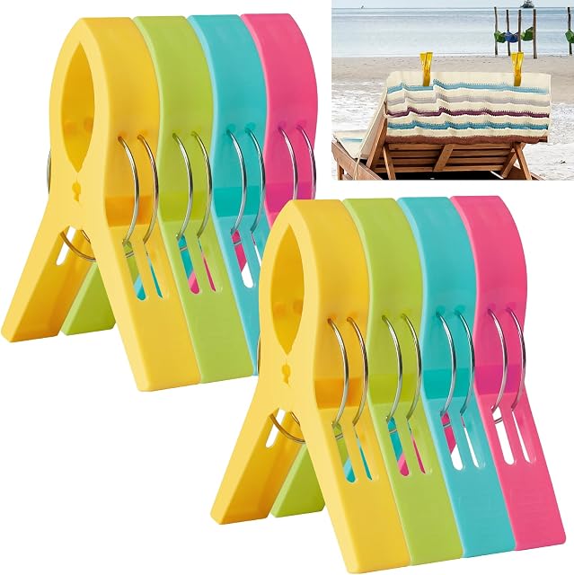 8 Pcs Beach Towel Clips, 12cm Large Bright Color Plastic Beach Towel Pegs Clothes Pegs for Washing Line, Multipurpose Quilt Clips Windproof Clip for Sunbeds, Sun Loungers, Pool Chairs, Laundry