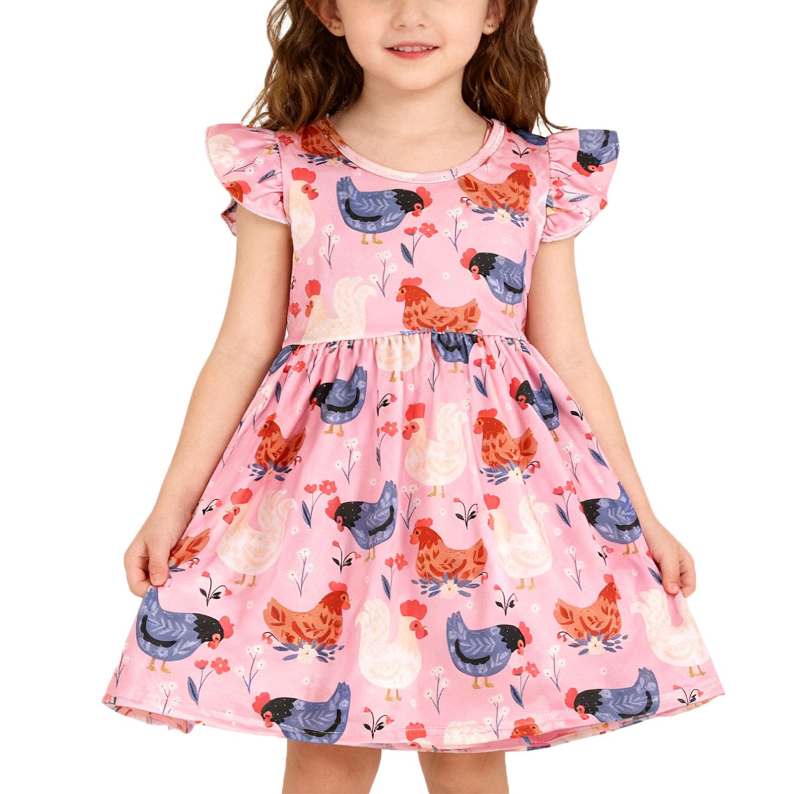 Toddler Girls Dress Cattle Cartoon Casual Print Dresses Flutter Sleeve Outfits 2-8Y