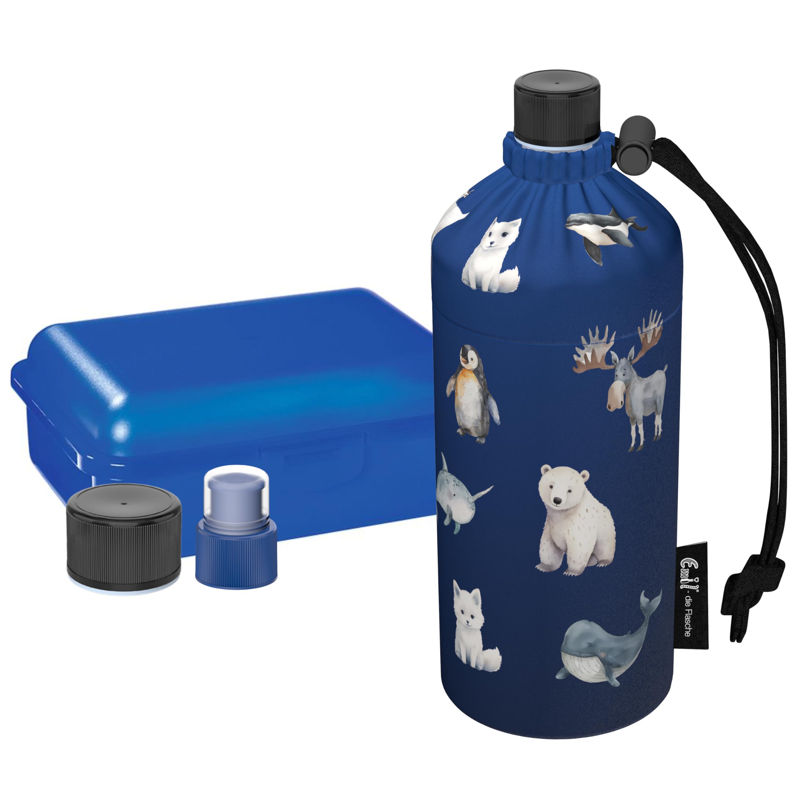 Emil Glas Trinkflasche Starterset Polarfreunde – mit Brotbox & 3 Verschlüsse, 0,3l oder 0,4l, isolierte Kinderflasche für Kita, Kindergarten & Schulstart, schadstofffrei (0,4l)