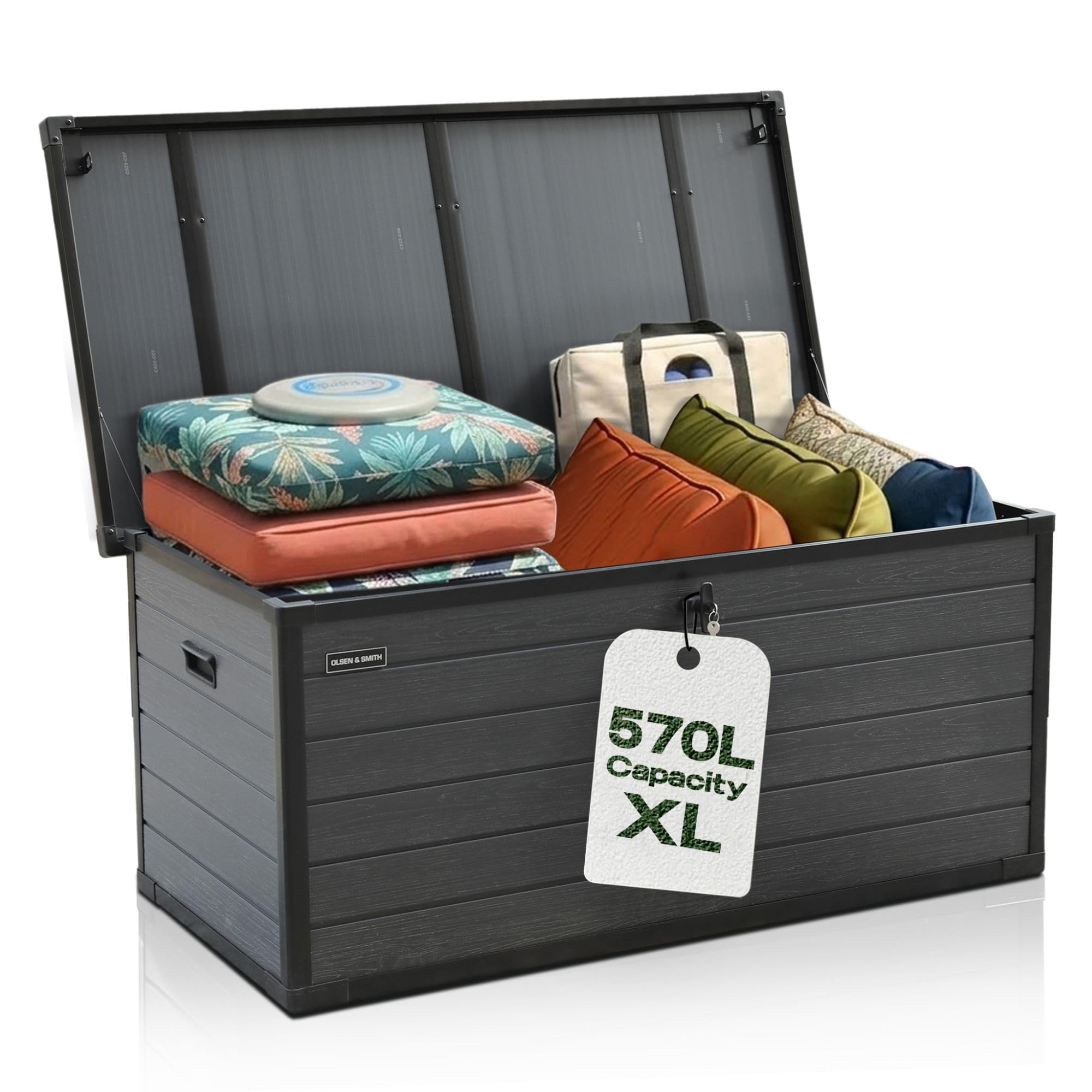 Olsen & Smith 570L Large Garden Storage Box - Weather Resistant Heavy Duty Garden Box with Padlock & Wood Effect - Huge Capacity Outdoor Storage Chest for Tools, Cushions, Toys & More (GREY)