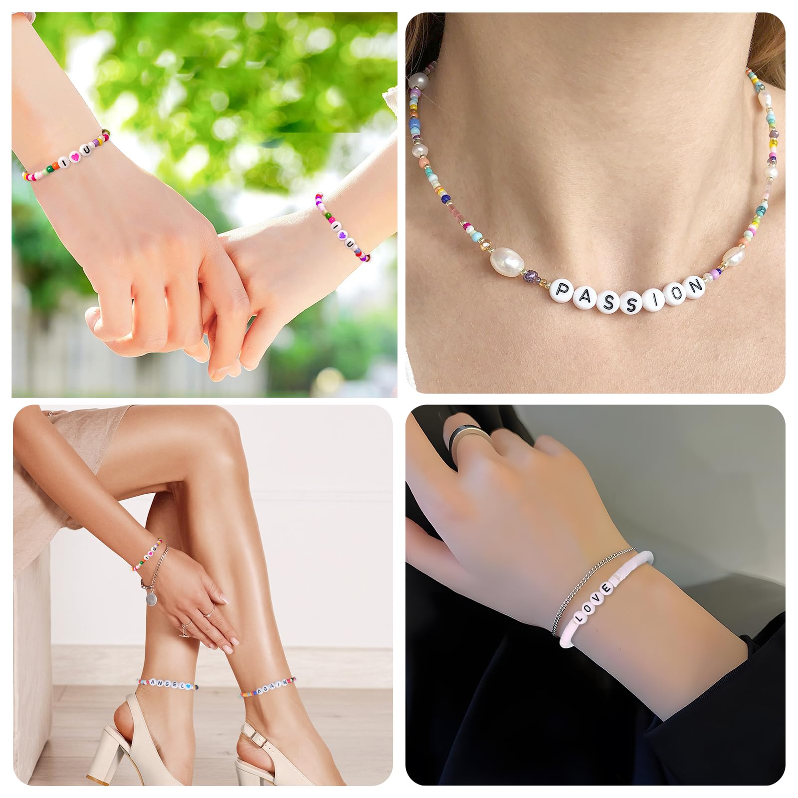 1400+ pezzi Set di perline di lettere per braccialetti, set di perline a forma di cuore colorate in bianco e nero con elastico da 5 m per braccialetti di amicizia per bambini,braccialetti per capelli