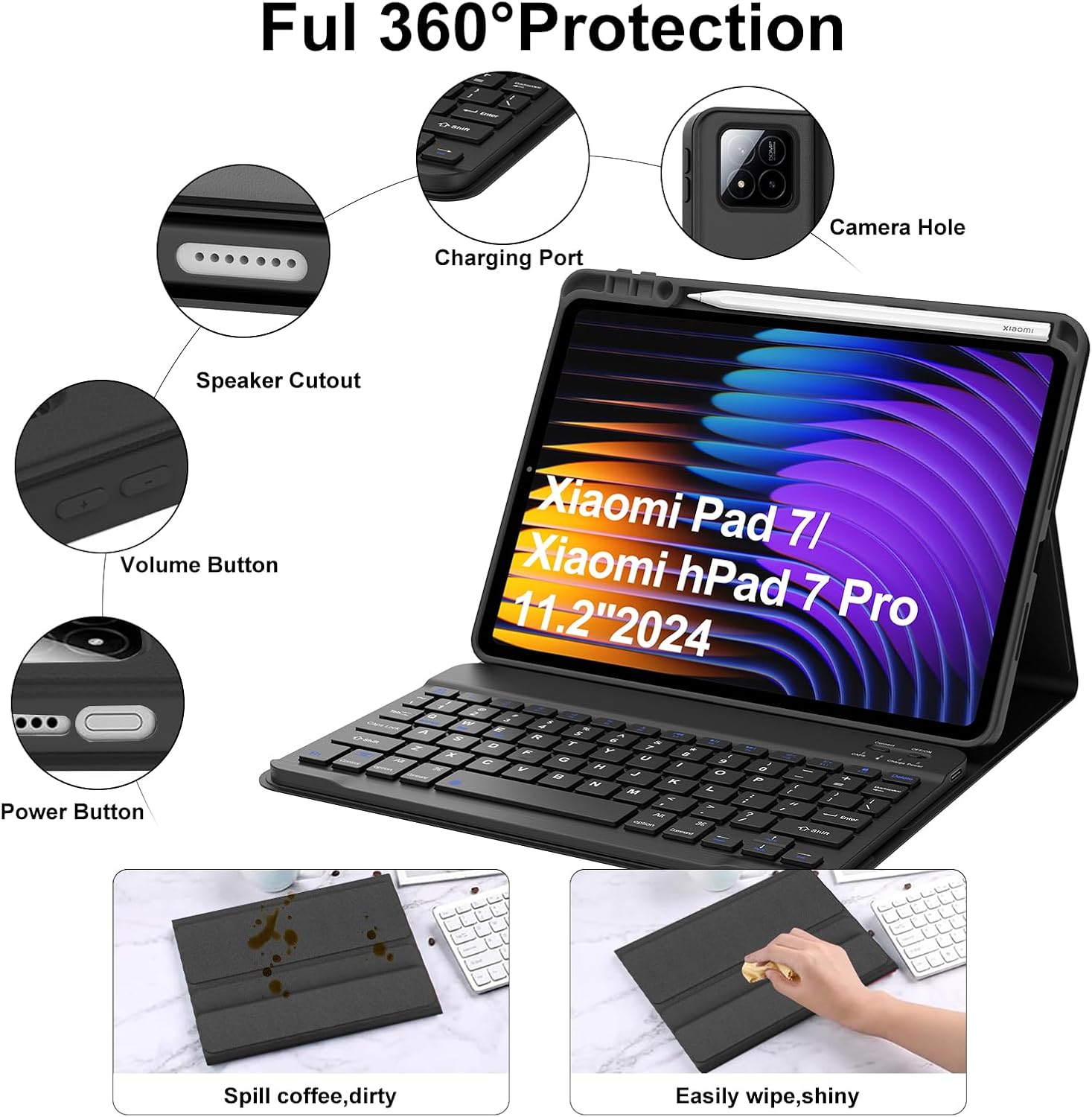 Keyboard Case for Xiaomi Pad 7/ Pad 7 Pro 11.2 Inch, 7 Color Backlit, Magnetic Detachable Wireless Bluetooth Keyboard, Multi-Touch Trackpad, Stain Resistant Cover, Rechargeable (Black 032NonBacklit)