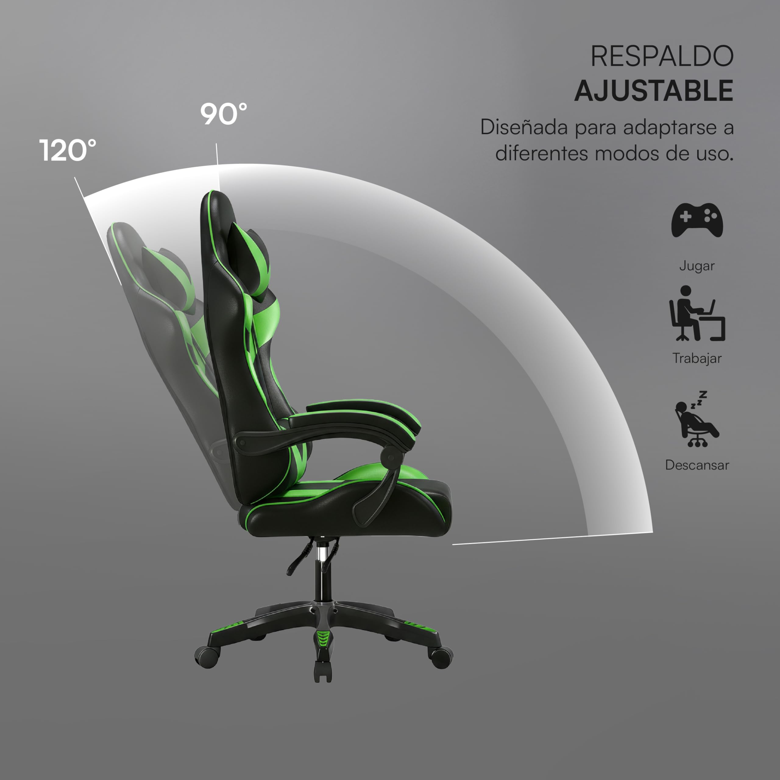 Baroni Home Silla Gaming con respaldo ergonómico inclinable y altura ajustable, silla de oficina con soporte lumbar, reposacabezas acolchado, 50 x 62 x 110-120 cm, negra y verde