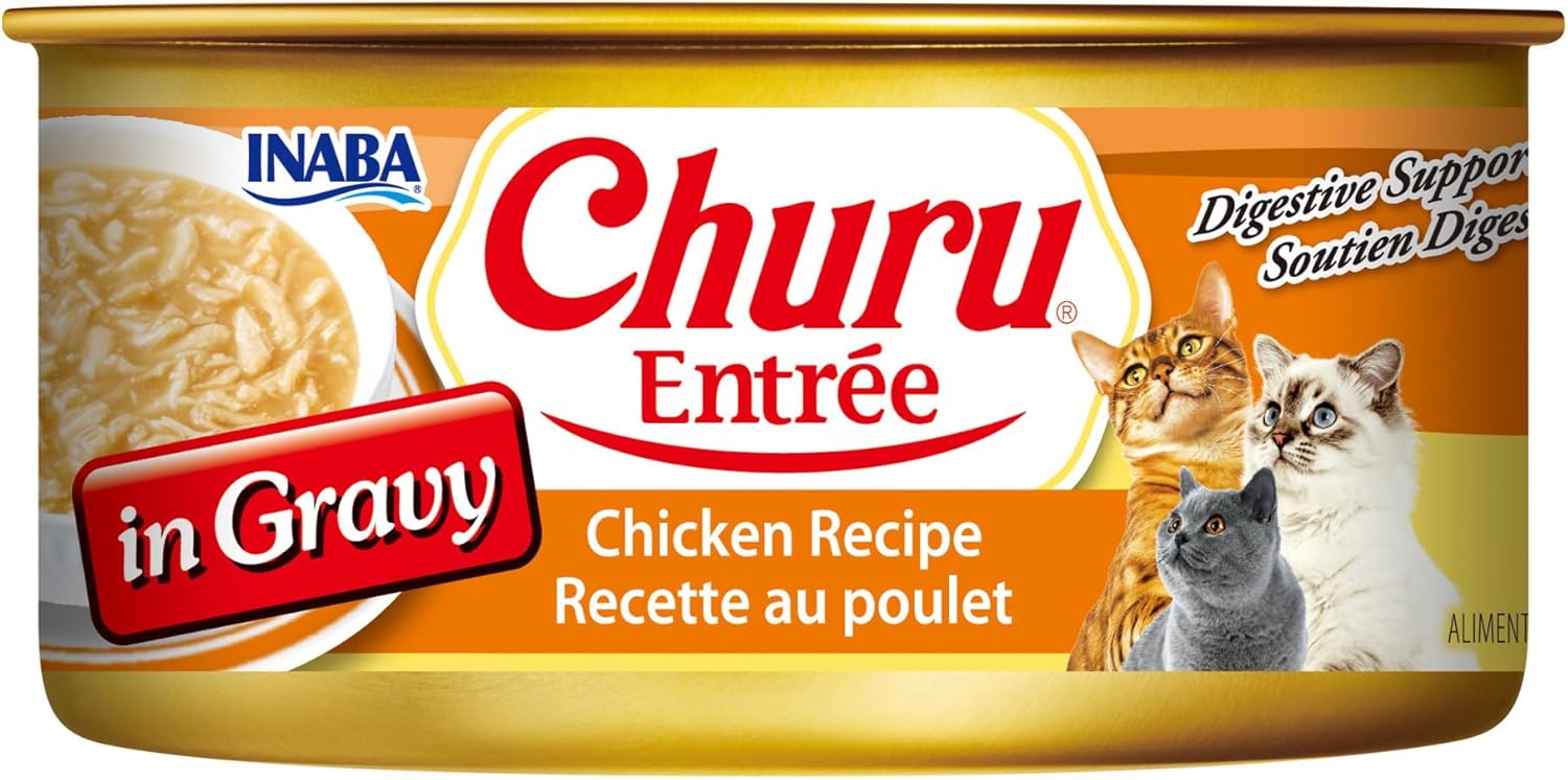INABA Churu Entrée in Gravy for Cats, High Moisture, Prebiotic Wet Cat Food, 5.5oz Cans, 24 Cans Total Chicken Recipe