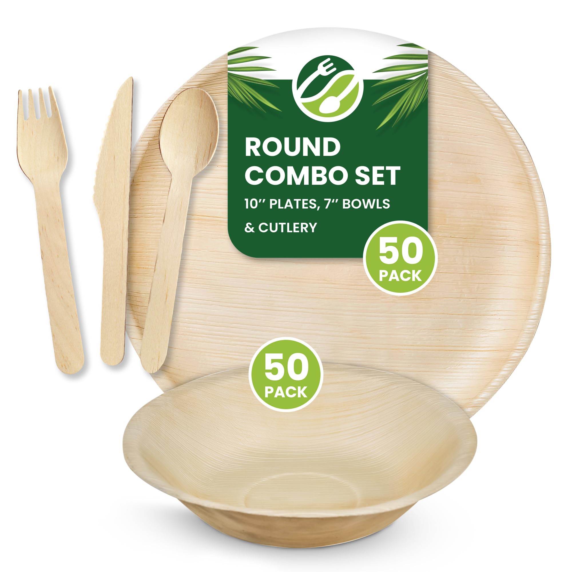 Eco Leaf 250pcs Disposable Palm Leaf Plates, Bowls and Wooden Cutlery Set – 50 Large Round Plates, 50 Bowls, 50 Forks, Knives and Spoons – Eco-Friendly, Oven Safe, Ideal for Parties