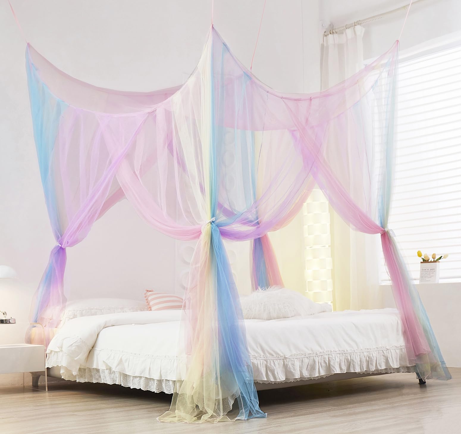 Mengersi Rainbow Canopy Bed Curtains With Mosquito Net, Four Corner Post Curtains for Full to King Size Bed