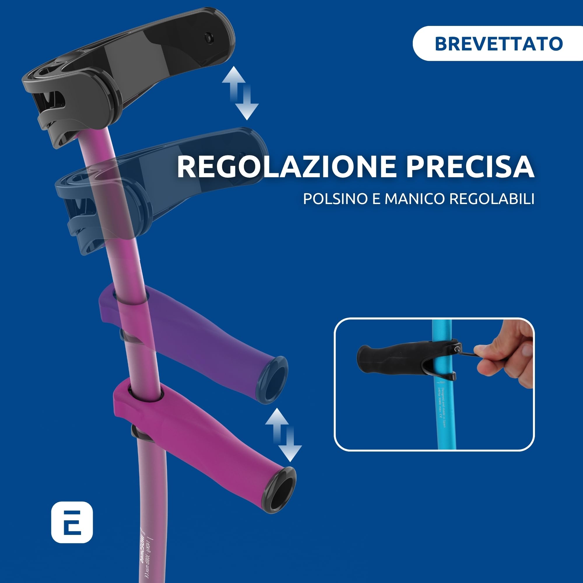 INDESmed x2 Stampelle Ortopediche Regolabili Leggere in Alluminio 100% aerospaziale - Stampelle Canadesi Colorate, impugnatura ergonomica e antiscivolo - Prodotto brevettato (Arancione, L (175-185cm))