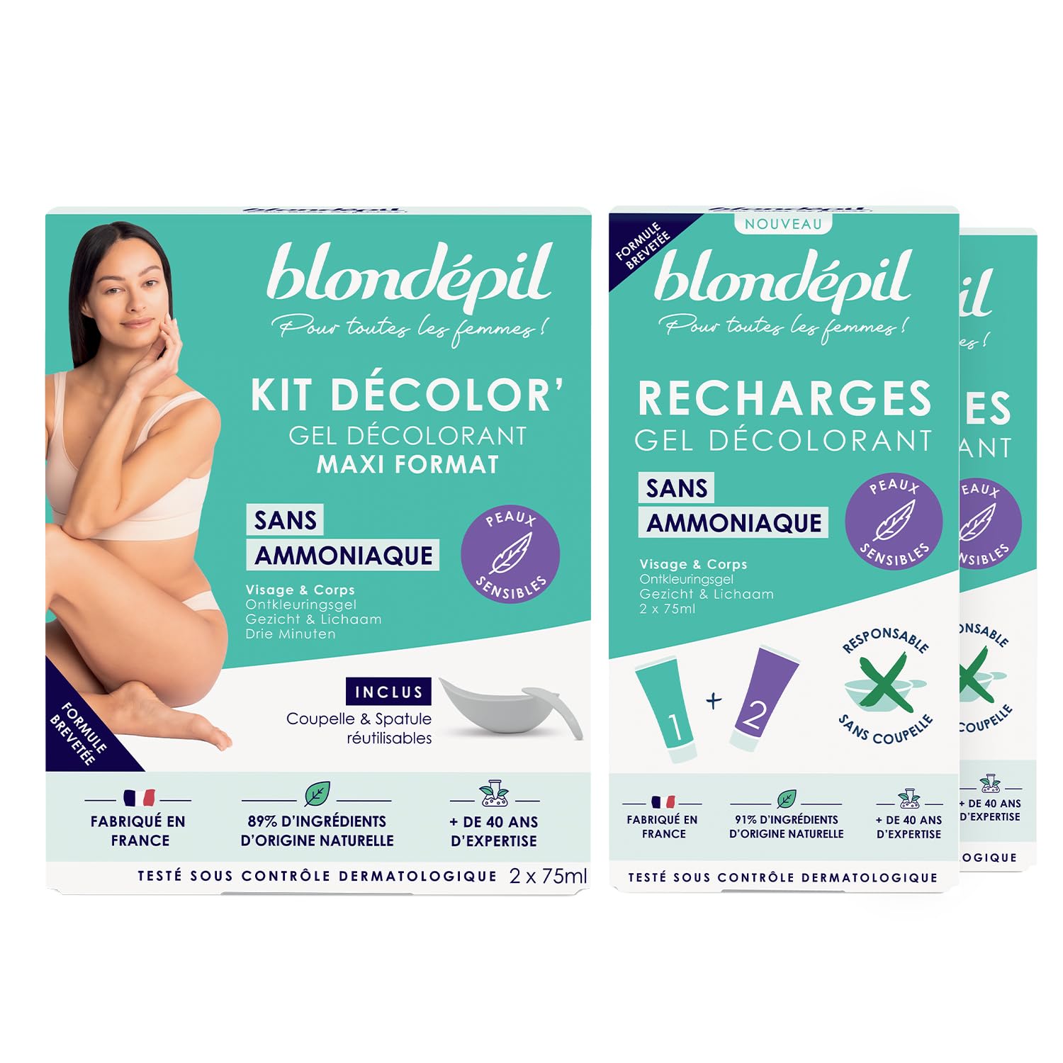 Blondépil - Lot Decolor’Sans Ammoniaque, creme decolorante visage & corps, Peaux sensibles, Rapide & Efficace, Made in France, 89% d’ingrédients d’origine naturelle, Maxi format + 2 Recharges