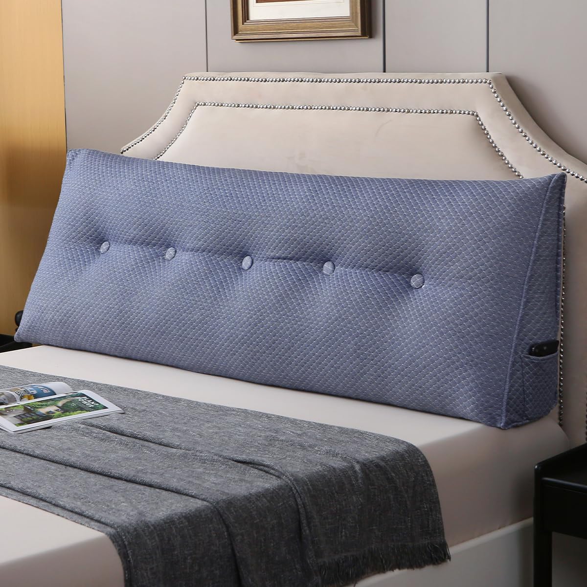 Wedge Headboard Pillow for Bed, Queen Dorm Headboard Pillow Support for Sitting Up, Reading, Relaxing, Bolster Pillow with Removable Washable Cover, Blue Queen Blue - Bamboo-viscose Cover