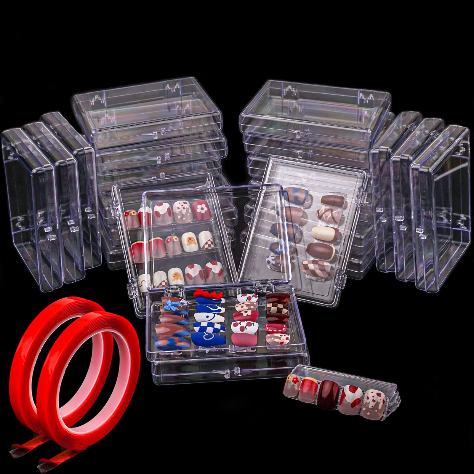 Press On Nail Storage Box, 3.9x2.9x0.7 inch Clear Empty Press On Nail Packing Box Artificial Nail Display Organizer Case with Transparent Tape Nail Tips Display Holder (Box Only) (24PCS)
