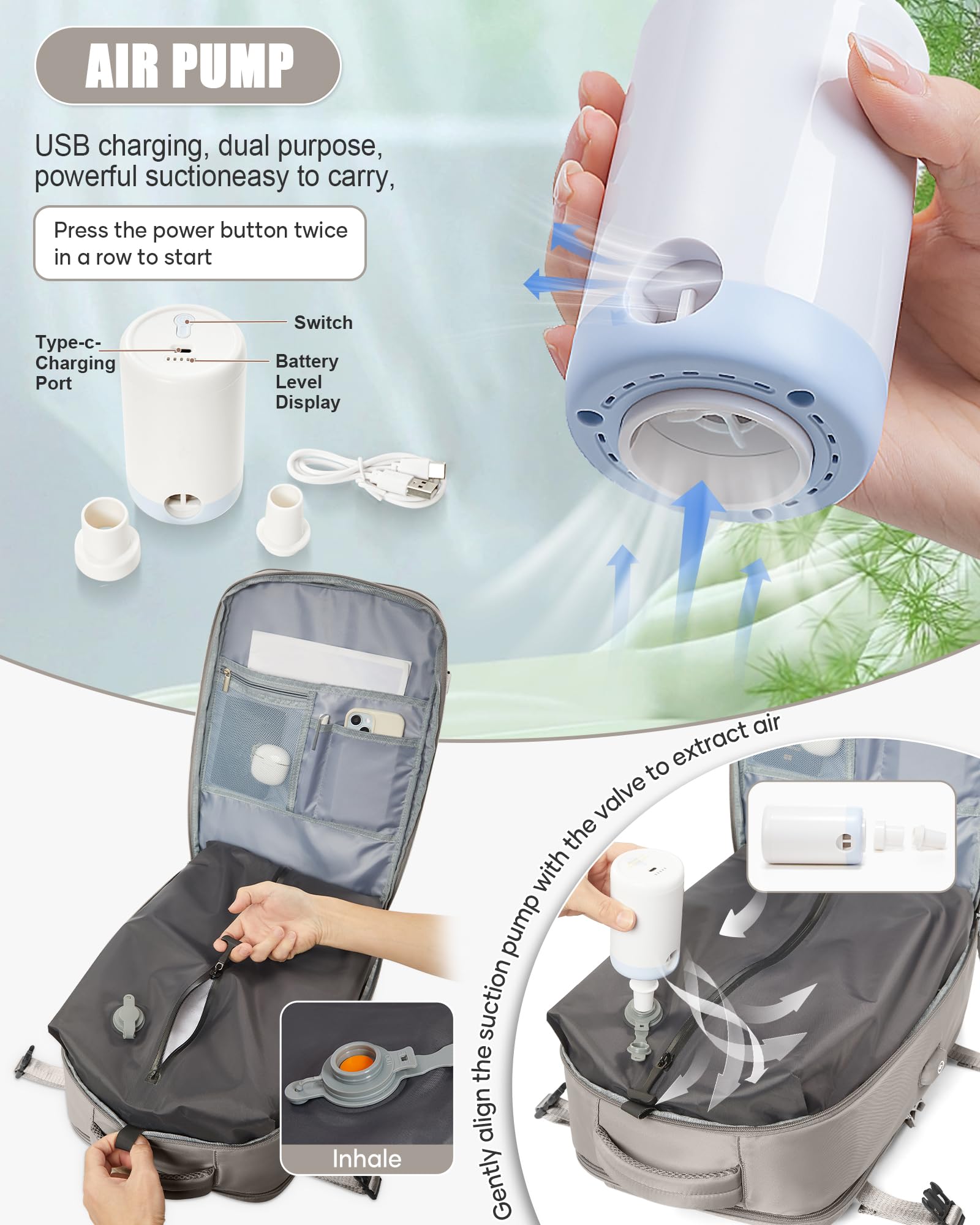 BJLFS Zaino da Viaggio con Sottovuoto Ryanair 40x30x20 Wizzair Bagaglio a mano 40x20x25 Ryanair con Pompa Borse da Cabina per Easyjet 45x36x20 con compressione sottovuoto,Zaino Casual per Laptop