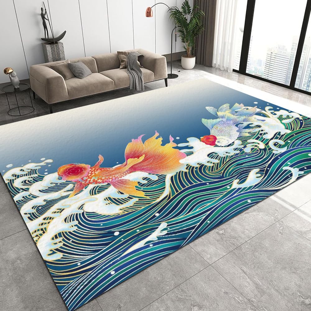Tapis de Salon 180x240cm Vagues Poisson Rouge 3D Motif Velours Cristal Doux Tapis Kawaii Animaux Tapis de Chambre Doux et Moelleux, Tapis Lavable, Tapis Antidérapant Intérieur