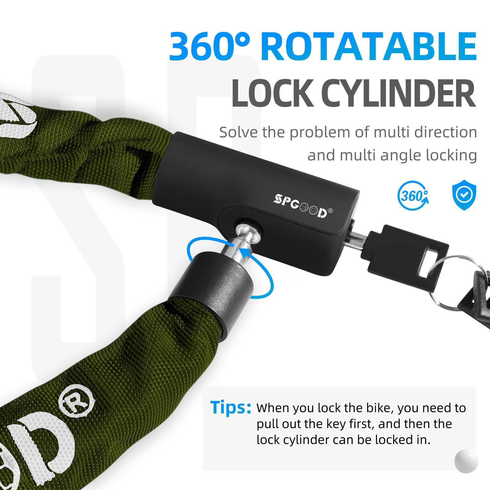 SPGOOD Lucchetto per bicicletta con 3 chiavi, 90 cm in catena in acciaio da 6 mm, con copertura impermeabile, antifurto, ad alta sicurezza per bicicletta, e-bike, MTB, moto(Verde oliva chiaro)