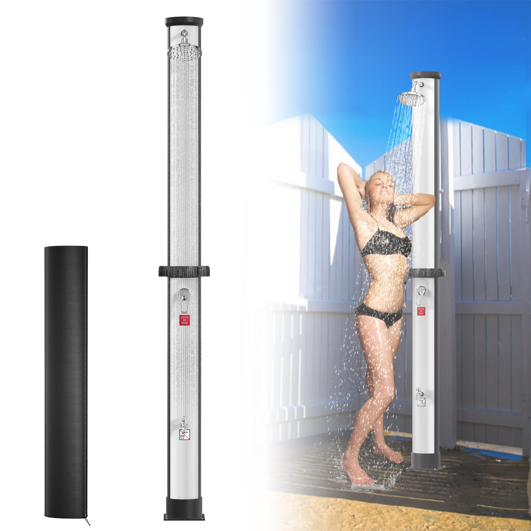 Froadp 35L Solarny System Prysznicowy do Ogrodu Temperatura Wody do 60℃ Prysznic Solarny z Obracającą się o 180° Głowicą Deszczową i Podłączenie Węża Ogrodowego Prysznic Basenowy (Srebrny+Czarny)
