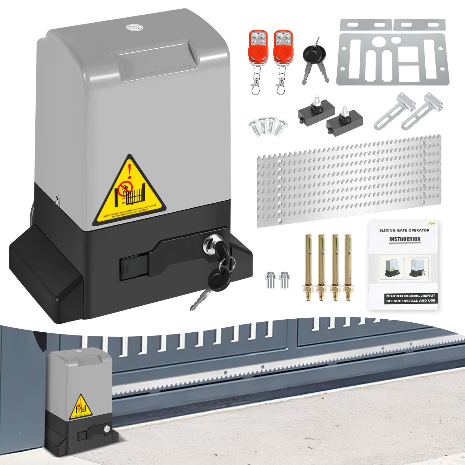 Actionneur de portail battant automatique 750 W - Jusqu'à 1600 kg - 12 m - Pour portail coulissant - Avec 2 télécommandes