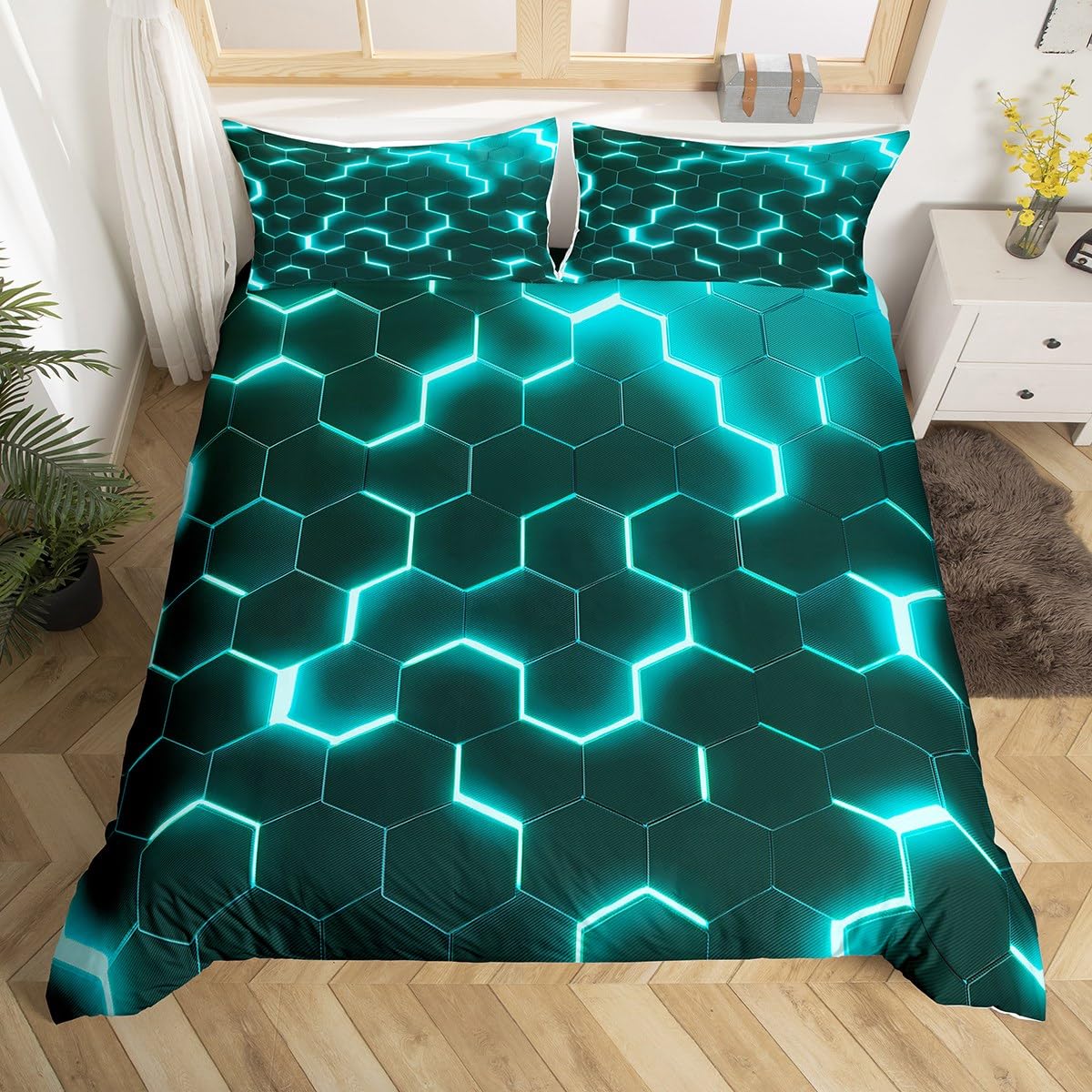 Homewish Teal Black Boys Bedding Double Neon Turquoise Geometric Honeycomb Duvet Cover Hexagon Bedding Sets Modern Fashion Geometrical Bed Set Reversible Black 2 Pillow Cases